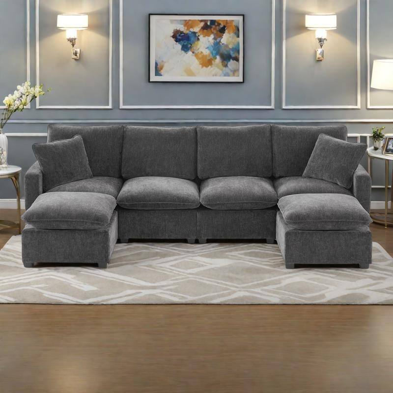 110" Chenille U-Shaped Modular Sofa with Ottoman and 2 Pillows, 6-Seater