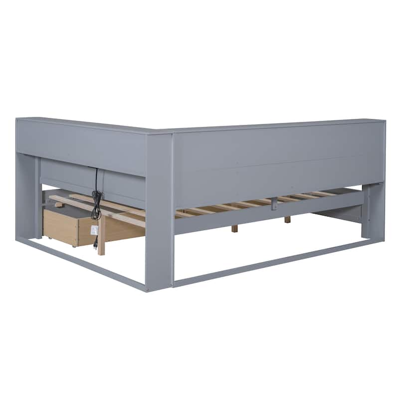 Full Size Daybed with Storage Drawers, USB Charging Ports, and Double-Layer Shelf, Grey