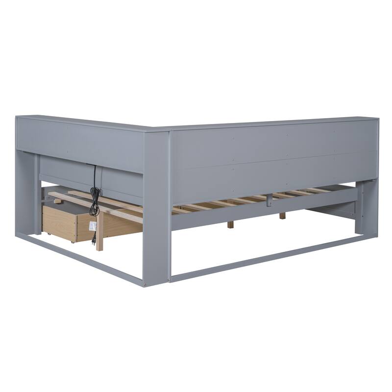 Wooden Daybed with 2 Drawers, Storage Shelf and USB Charging Ports for Bedroom