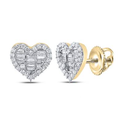 10k Yellow Gold 3/8 Carat Baguette Diamond Heart Earrings for Women
