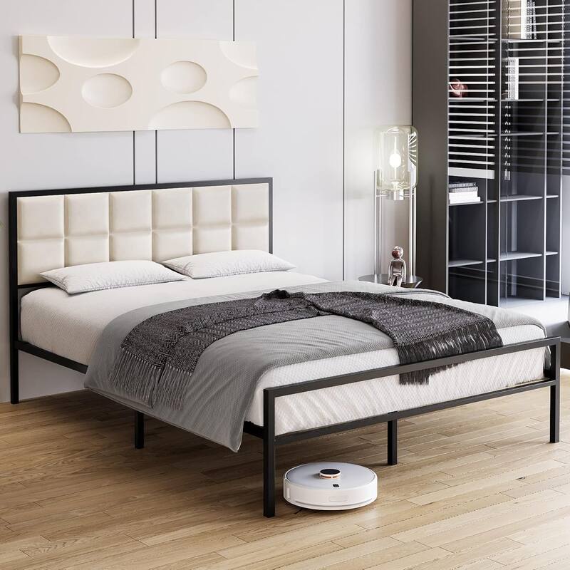 Faux Leather Platform Bed Frame with Upholstered Square Stitched Headboard