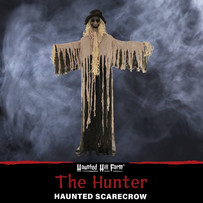 Haunted Hill Farm 6-Ft. Standing Scarecrow, Indoor or Covered Outdoor Halloween Decoration, Poseable, The Hunter