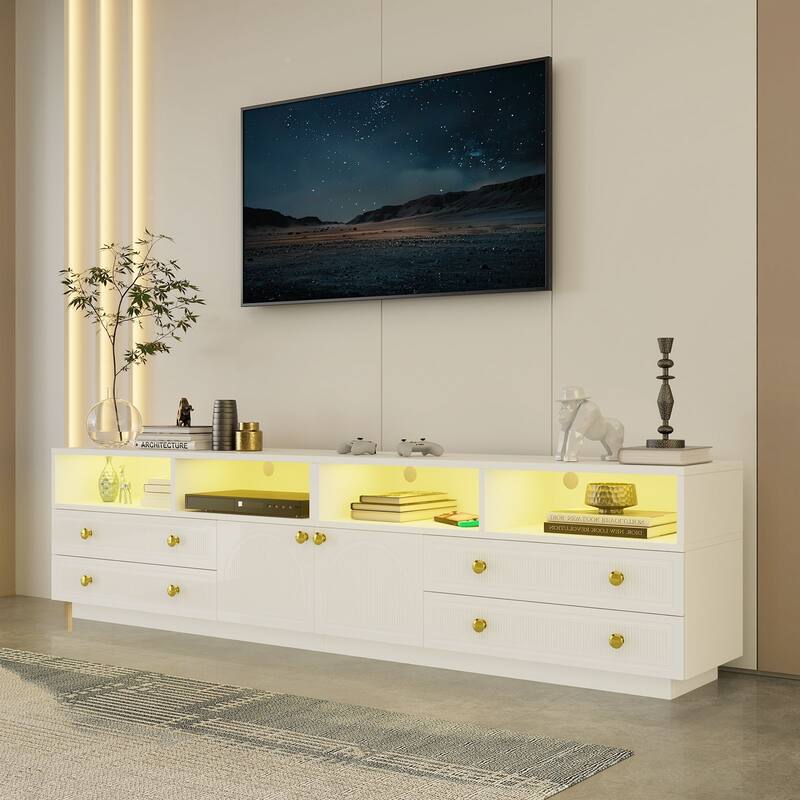 Gymojoy 86.6" LED TV Stand for 85-100 Inch TV, Modern Fluted Entertainment Center, 8 Drawers & Cabinet, Smart TV Console.