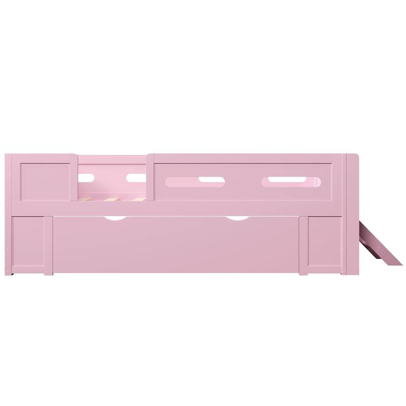 Roomfitters Full/Twin Size Wood Platform Bed with Underbed Storage Drawer and Safety Guardrails, Modern Low Loft Frame