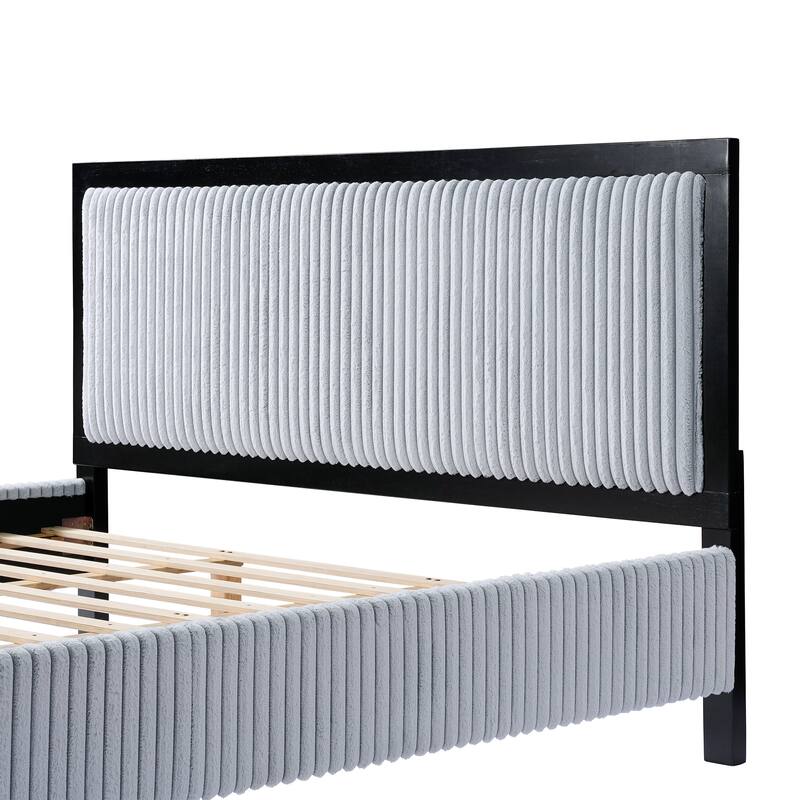 Roomfitters Upholstered Platform Bed Frame with Plush Cloud-Like Headboard and Solid Wood Slats, Grey and Black