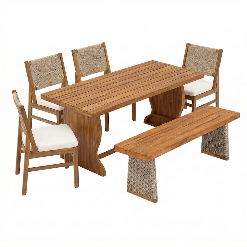 Christopher Knight Home - Itsuko 6-Piece Outdoor Acacia Wood Dining Set with Woven Wicker Back Chairs, Bench & Slat Dining Table