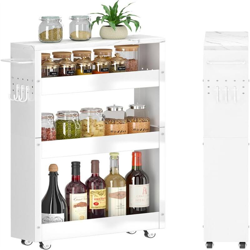 Storage Cart 5 in Width 4Tier White Rolling Cart with Handle - 16.7"D x 5"W x 32"H - White 4-Tier