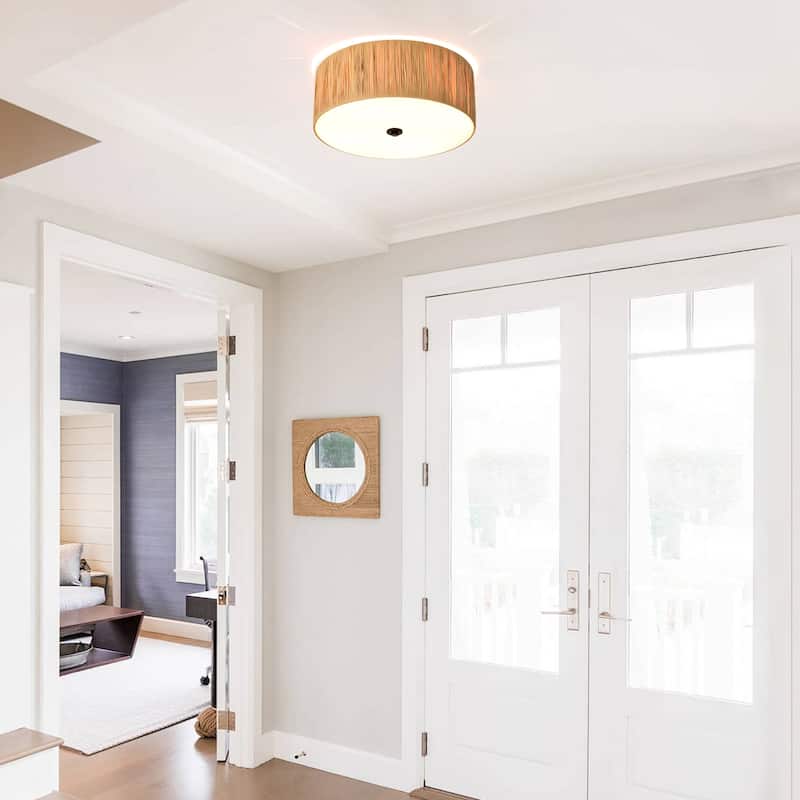 4-Light 16 in. Natural Farmhouse Flush Mount Ceiling Light with Raffia and Acrylic Shade