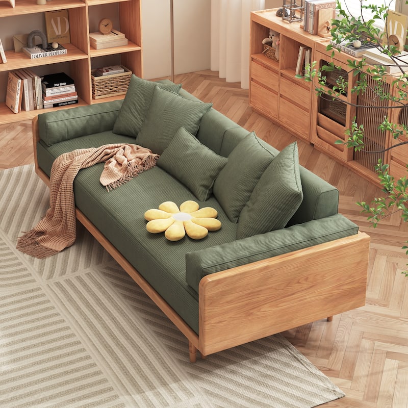 JASIWAY Modern Retractable Solid Wood Sleeper Sofa Bed - Burlywood color frame&Green