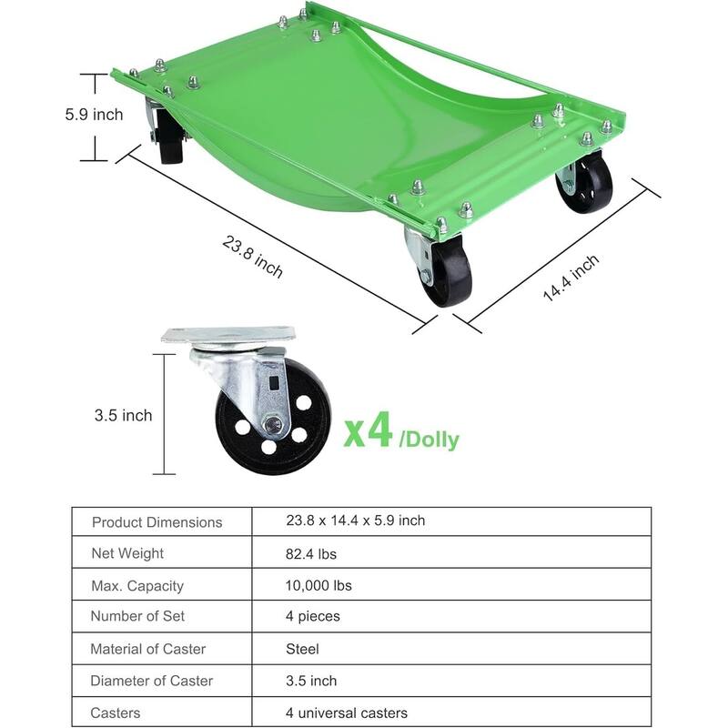 4-Pack Heavy-Duty Car Wheel Dolly Set 10000-lb Capacity 3.5Inch Steel Wheels 24 x 15 in Green
