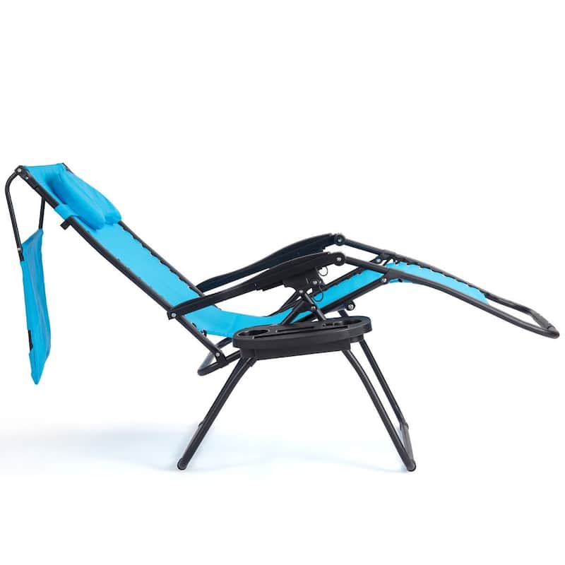 Folding Recliner Lounge Chair w/ Shade Canopy Cup Holder - Blue