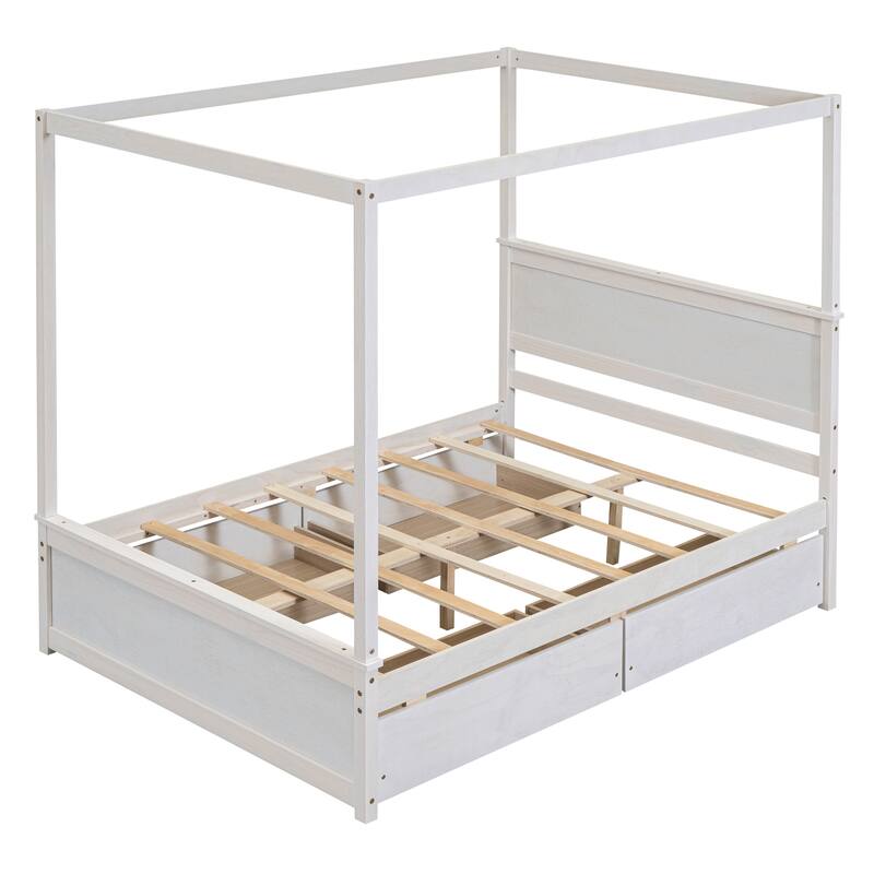 Full Size Wood Canopy Bed with 4 Drawers Platform Bed & Headboard Four Poster Bed No Box Spring Needed, Easy Assembly