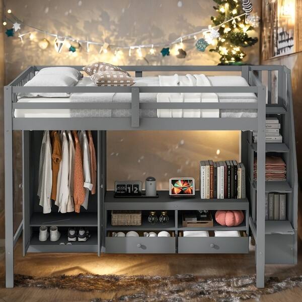 slide 2 of 28, Full Size Loft Bed with Wardrobe,Storage Table and Staircase Grey