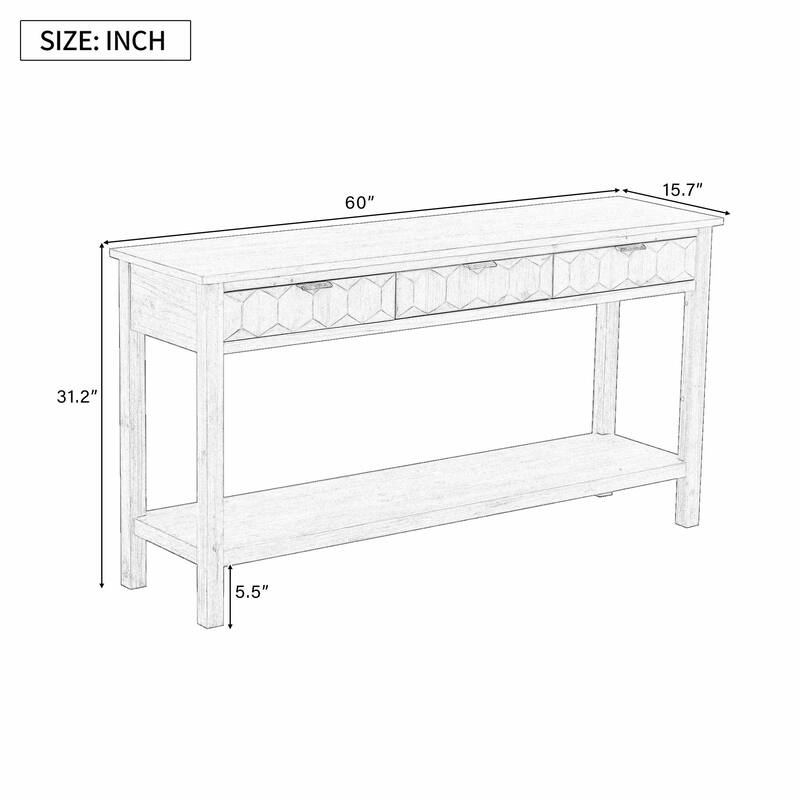 60" Fir Veneer Entryway Table with Honeycomb-patterned Fronts, 3 Drawers