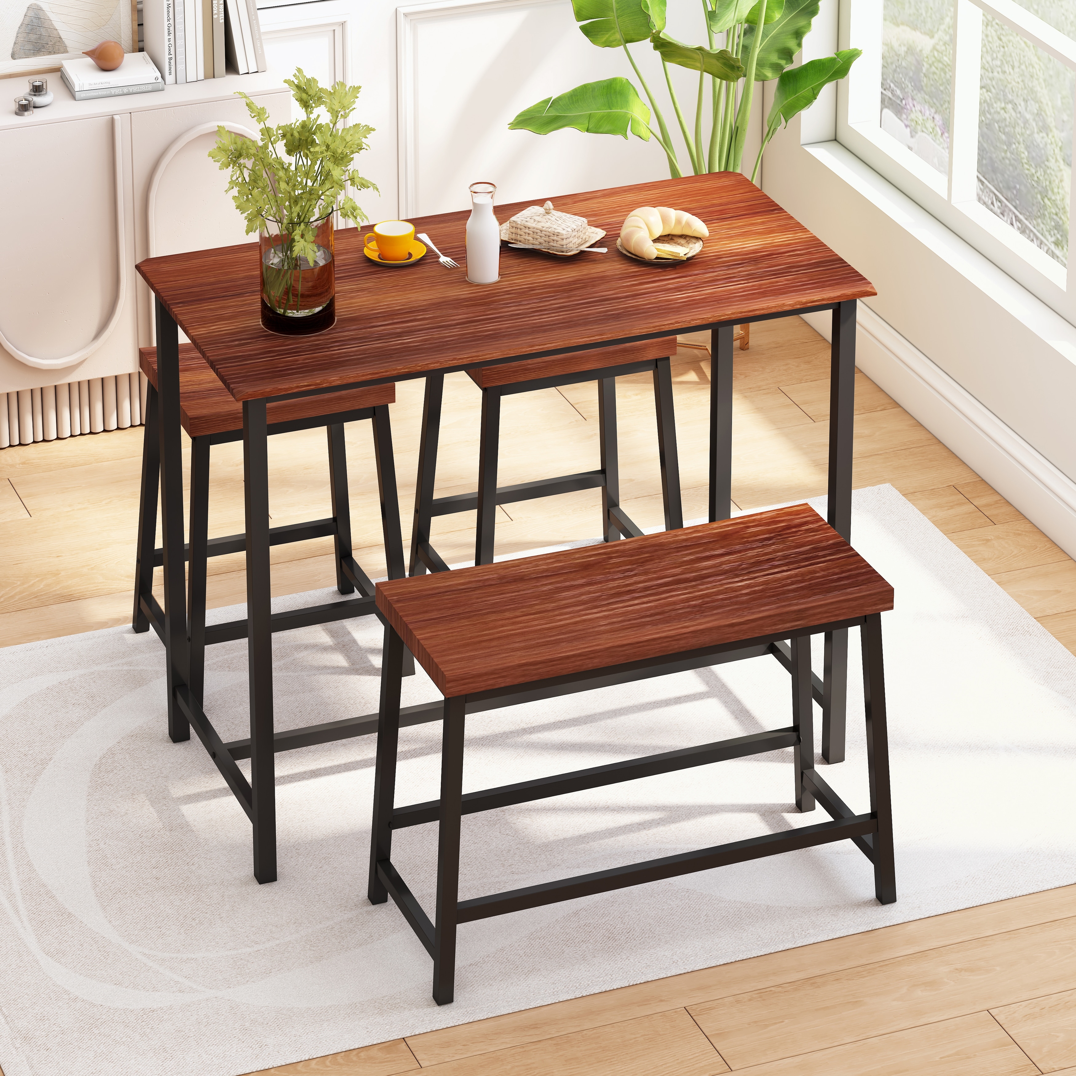 4-Piece Dining Table Set with 2 Stoolsand 1 Bench