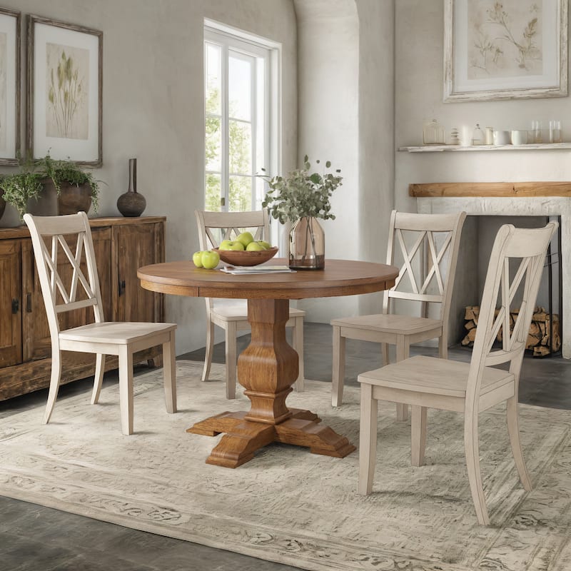 Ronda 45" Round Solid Wood Top Dining Set with X-Back Chairs - Oak Table - Antique White Chairs