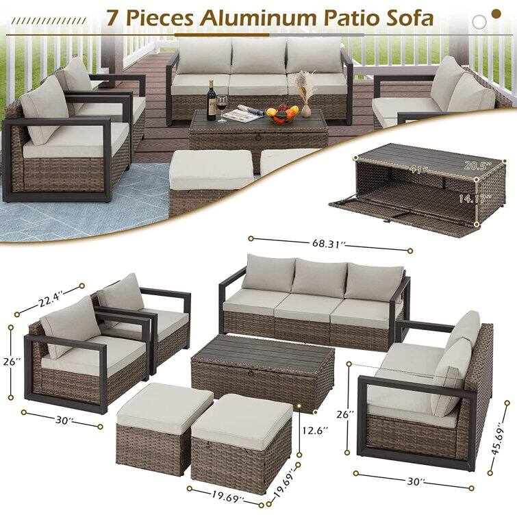 EROMMY 7 Piece Outdoor Patio Furniture Set with Cushions, All-Weather Rattan Sectional Sofa, Aluminum Frame, Coffee Table
