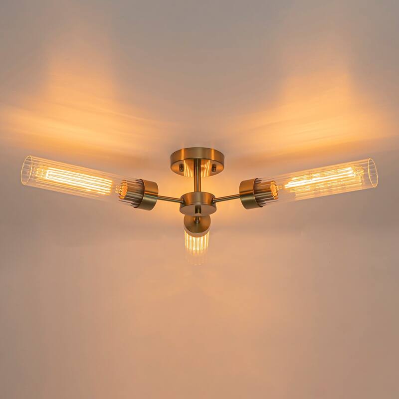 Modern Industrial 3-Light Clear Ribbed Glass Flush Mount Ceiling Light - Gold