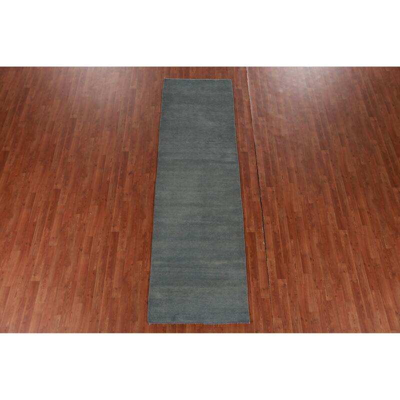 Hand Knotted Oriental 100% Wool Carpet Modern Solid Navy Blue & Blues Gabbeh Runner Rug - 9' 11'' X 2' 11''