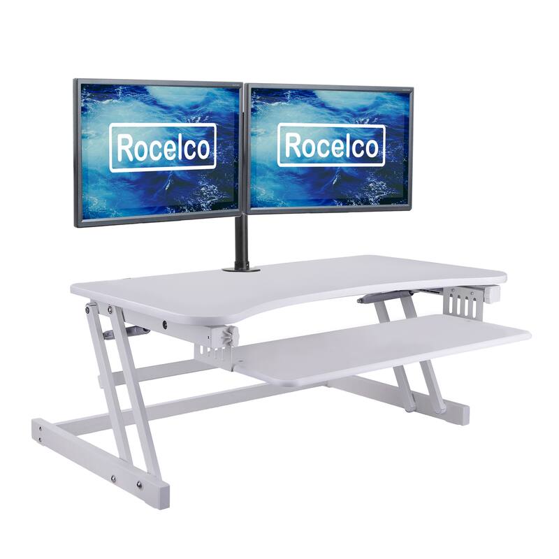 Rocelco 37.5 in. W White Height Adjustable Standing Desk Converter with Dual Monitor Mount and Double Screen Riser Platform