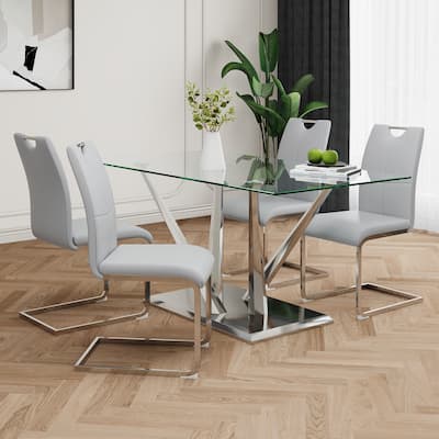 63" Glass Dining Table Set for 4, 5 Piece Dining Table and Chairs Set, Rectangular Table with 4 Faux Leather Chairs & Metal Legs