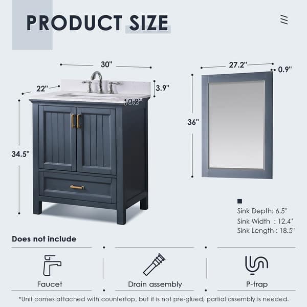 dimension image slide 0 of 3, Altair Isla Single Bathroom Vanity Set and Aosta White Countertop with Mirror