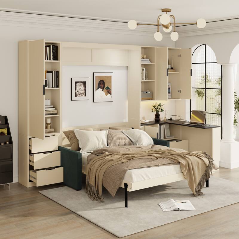 Ultimate Space-Saving Queen Wall Bed with Corduroy Sofa by Harper&Bright Designs - Beige