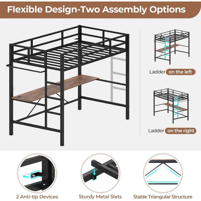 Loft Bed with Desk Gaming Bunk Bed LED Lights Charging Station