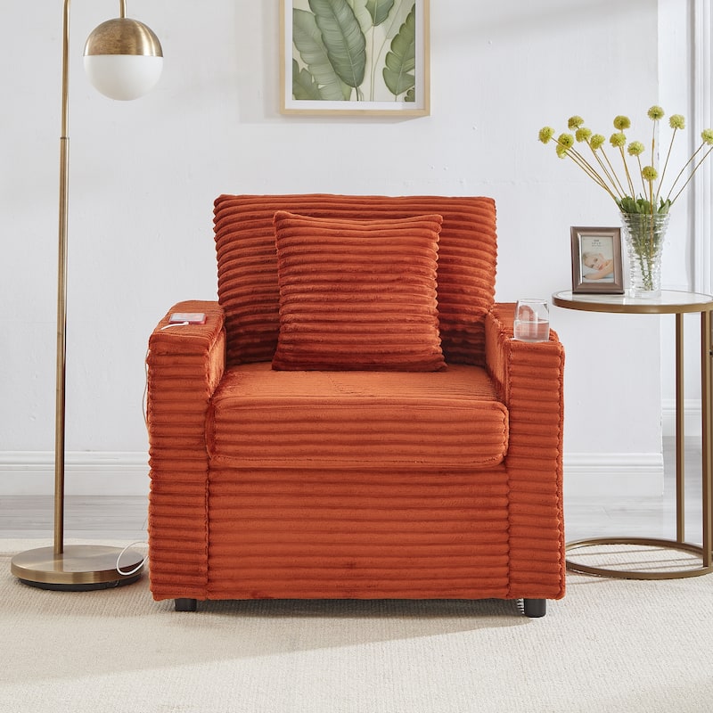 Single Lazy Sofa Chair with Storage Ottoman, Chaise Lounge with USB Charging, Recliner Sofa Chair with Cup Holder - Orange