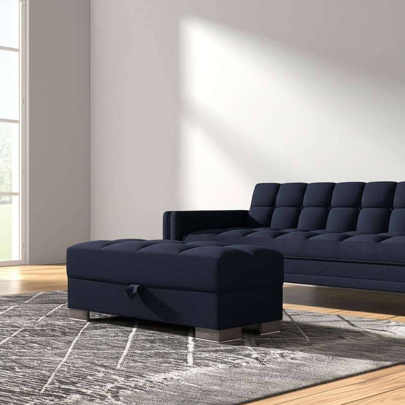 HomeRoots 52" Dark Blue and Brown Chenille Tufted Storage Ottoman - Dark Blue - 52' X '18.5' X '21