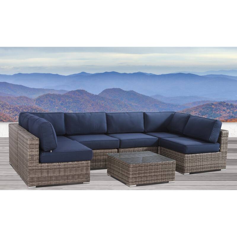 Resort Grade Set 7 Piece Rattan Sunbrella Sectional Seating Group - Navy Blue