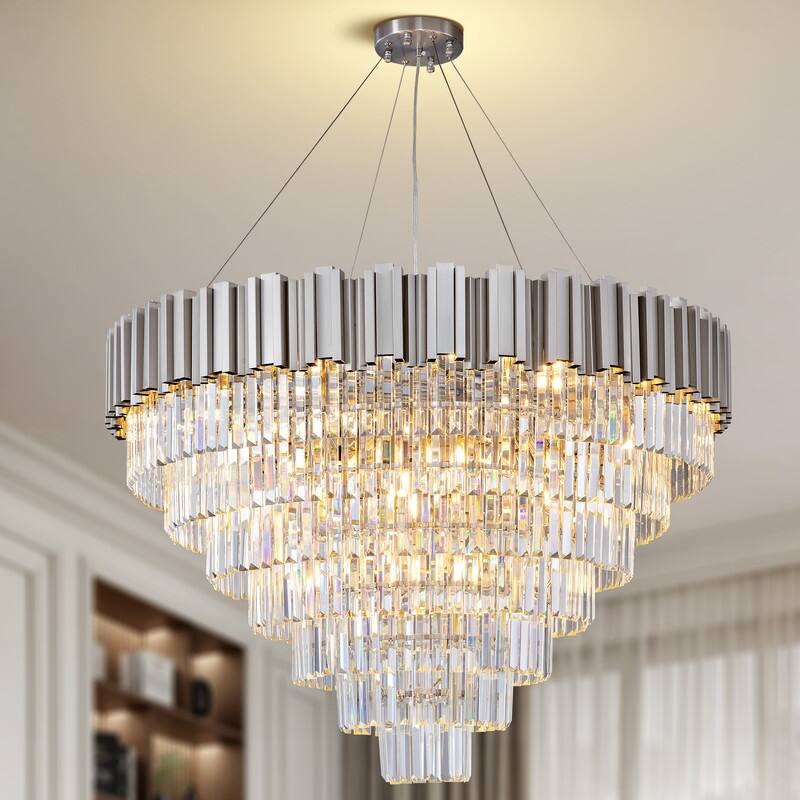 KAYLA Large Crystal Chandelier - 35.4"Modern 6-Tier 17-Light Chrome Ceiling Light, Luxury K9 Crystal - 39in - Sliver