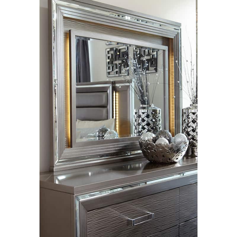 Glam LED Light 3pc Bedroom Set Silver Gray Finish Bed Dresser Mirror