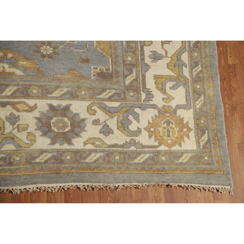 Light Blue & Ivory Oushak Indian Area Rug Handmade Wool Carpet - 9'1" x 11'11"