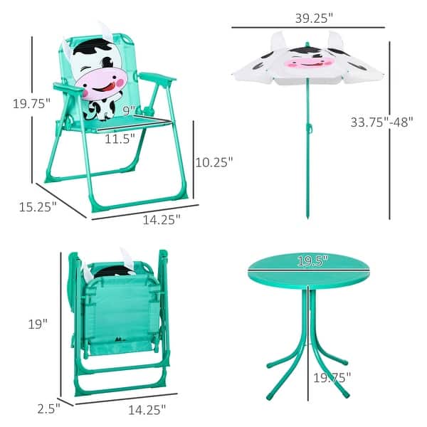 Outdoor Dairy Cow Pattern Kids Folding Table and Chair Set with Adjustable Sun Umbrella