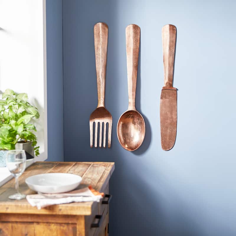 Aluminum Metal Large Knife, Spoon, and Fork Utensils Wall Decor (Set of 3) - Silver or Copper