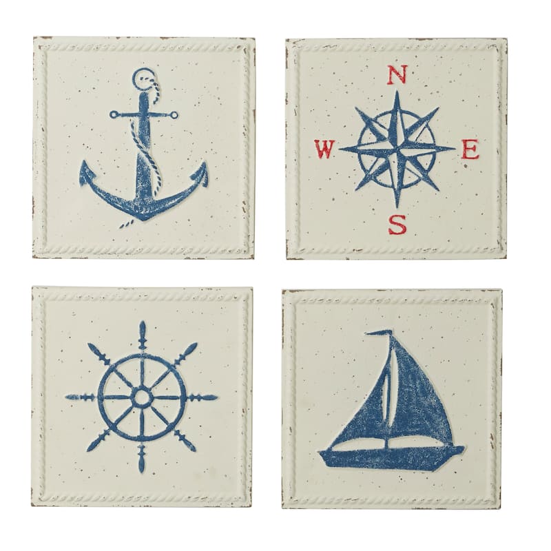 Cream Metal Speckled Sail Boat Home Wall Decor with Anchor, Compass, and Ship Wheel (Set of 4)