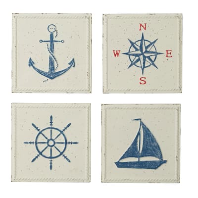 Cream Metal Speckled Sail Boat Home Wall Decor with Anchor, Compass, and Ship Wheel (Set of 4)
