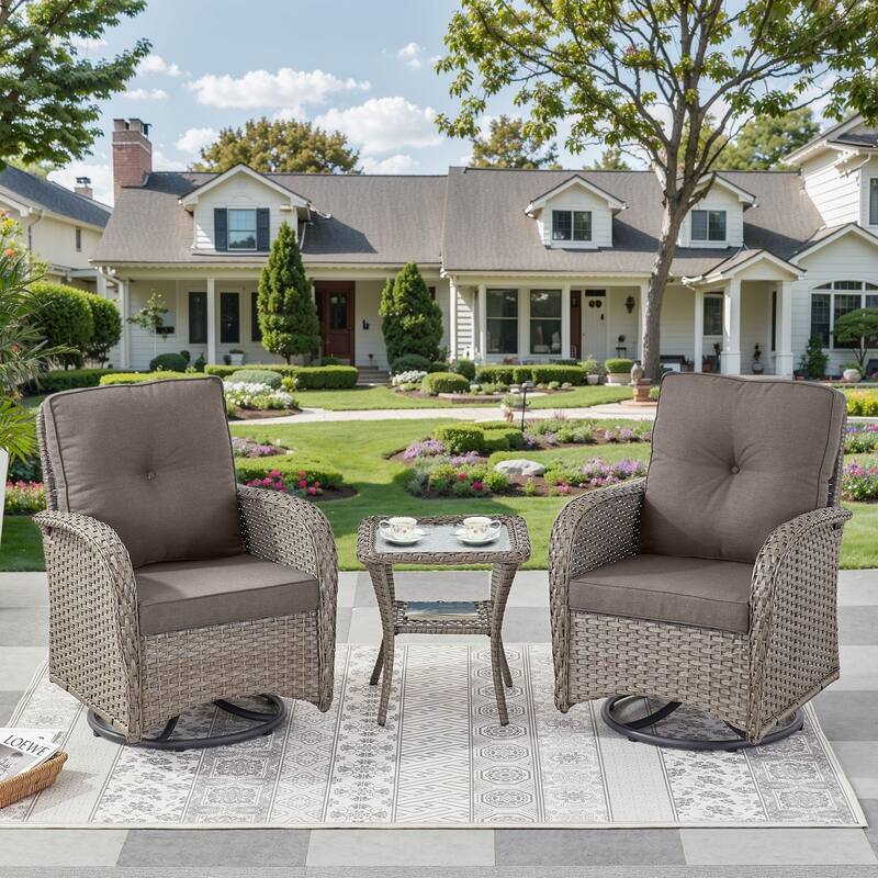 Pocassy Outdoor Wicker Patio Chairs Set - Grey Wicker Grey Cushion - 2PCS Swivel Chairs w/ 1PC Side Table