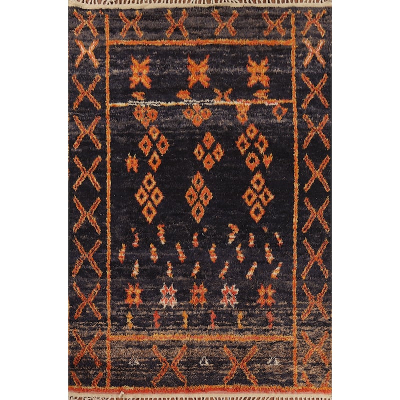 Navy Blue Plush Moroccan Area Rug Handmade Wool Carpet - 7'2" x 10'9"