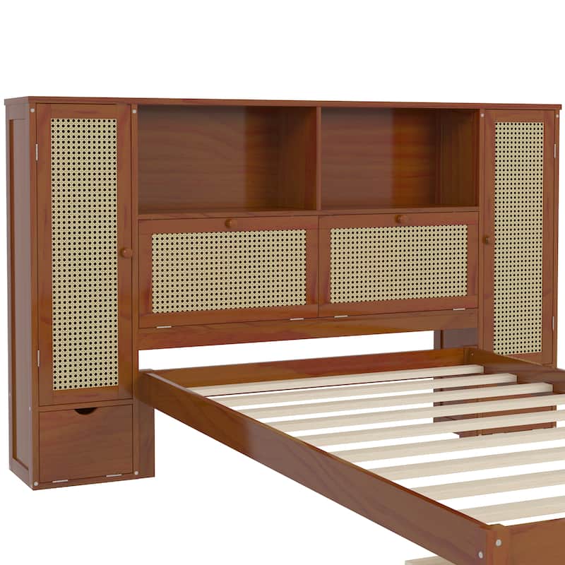 Rattan Panel Bed Frame Wooden Platform Bed with 2 Storage Lockers, Storage Shelf on Headboard, Footboard with Storage Drawer