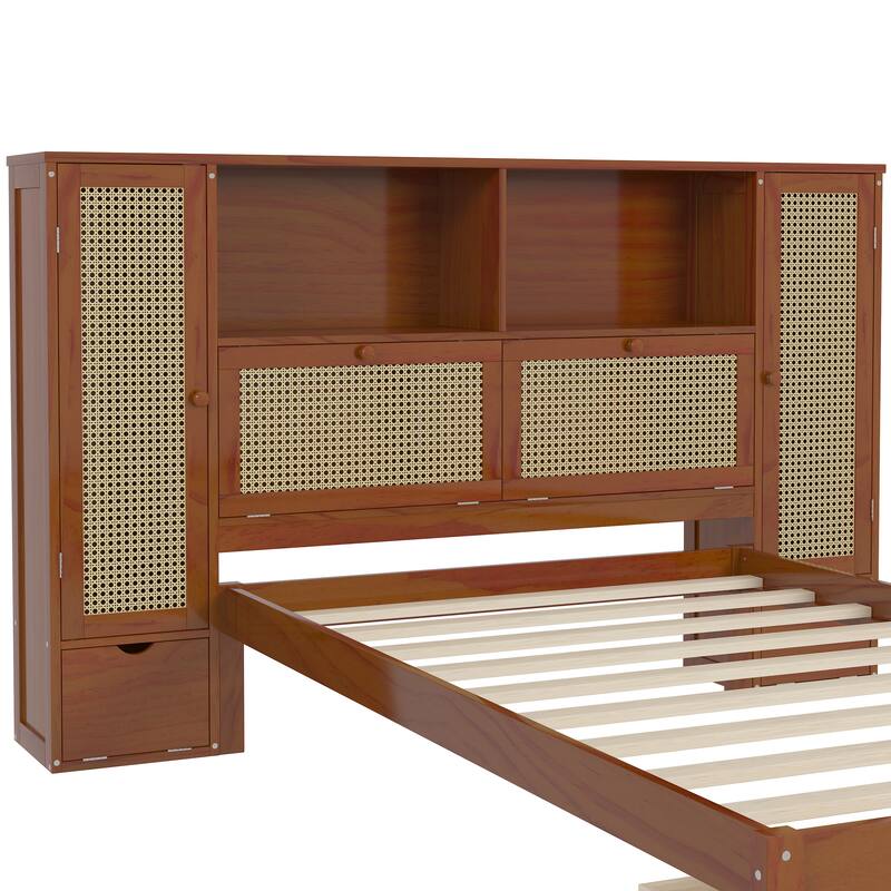Twin Platform Bed with Rattan Accents, Built-In Headboard Shelf, Drawer, and 2 Storage Cabinets, Wooden Frame