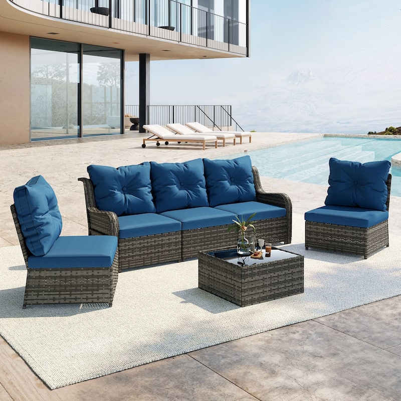 5-Person Outdoor Wicker Patio Conversation Sets with Table and Cushion - Blue