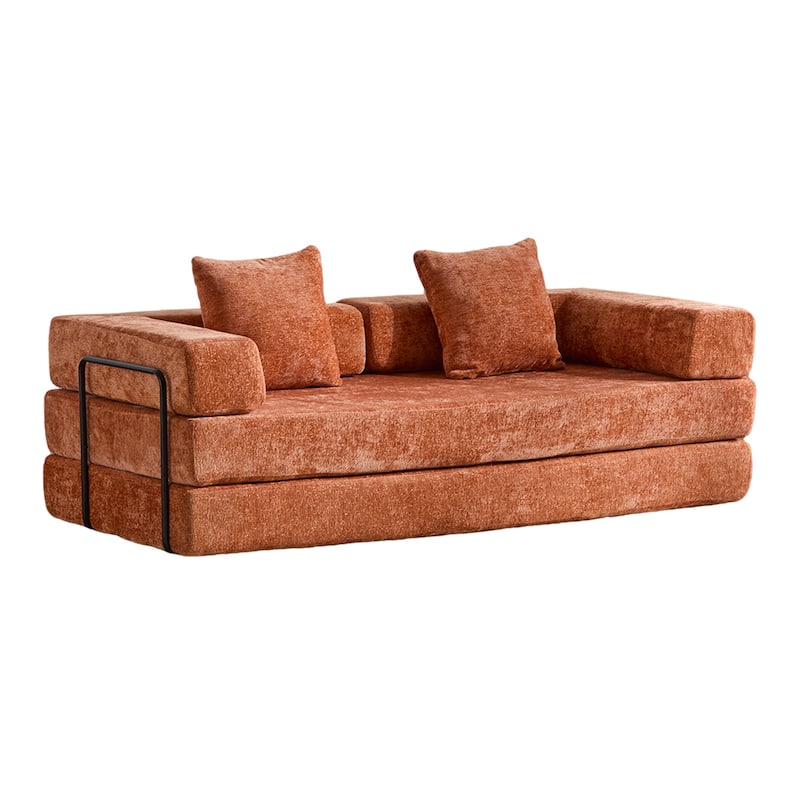 Convertible Floor Sofa Bed with Pillow, Orange Chenille, 77x37x24 inches