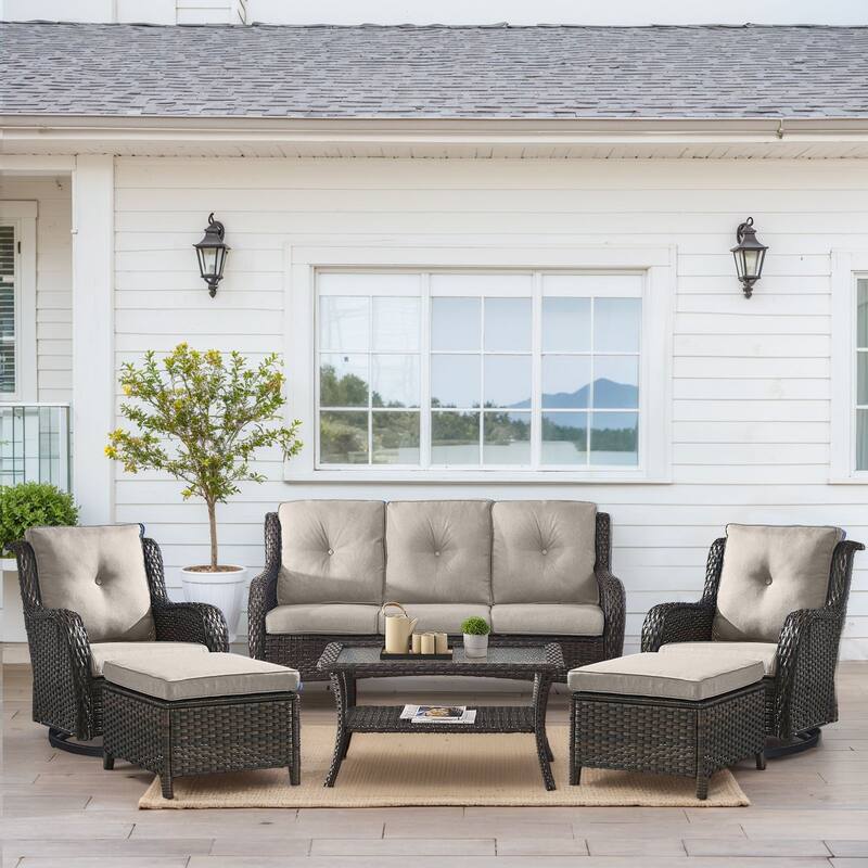 Outdoor Swivel Chairs with Sofa Ottoman Table - Brown - Beige