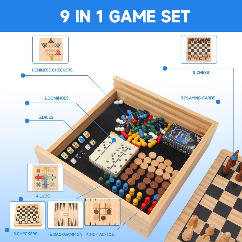 GSE™ 9-in-1 Chess/Checkers/Backgammon/Dominoes/Tic-Tac-Toe/Ludo/Chinese Checker/Playing Cards/Poker Dice Board Game Combo Set