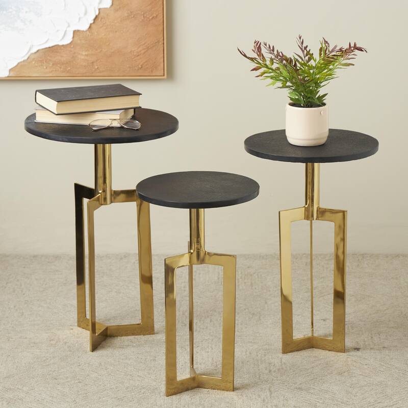 Aluminum Metal Geometric Accent Table with Black Marble Tabletops - Set of 3 Gold or Black - Roche River Decor