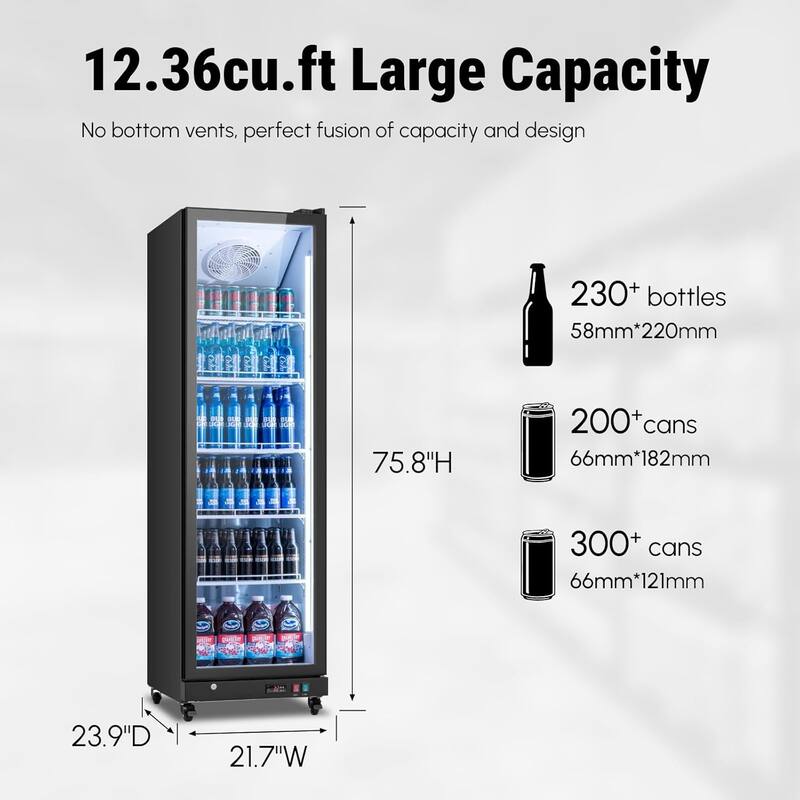 21.7 in. 12.4 cu. ft Merchandiser Refrigerator in Black Commercial Beverage Cooler Adjustable Shelves Dual Glass Door
