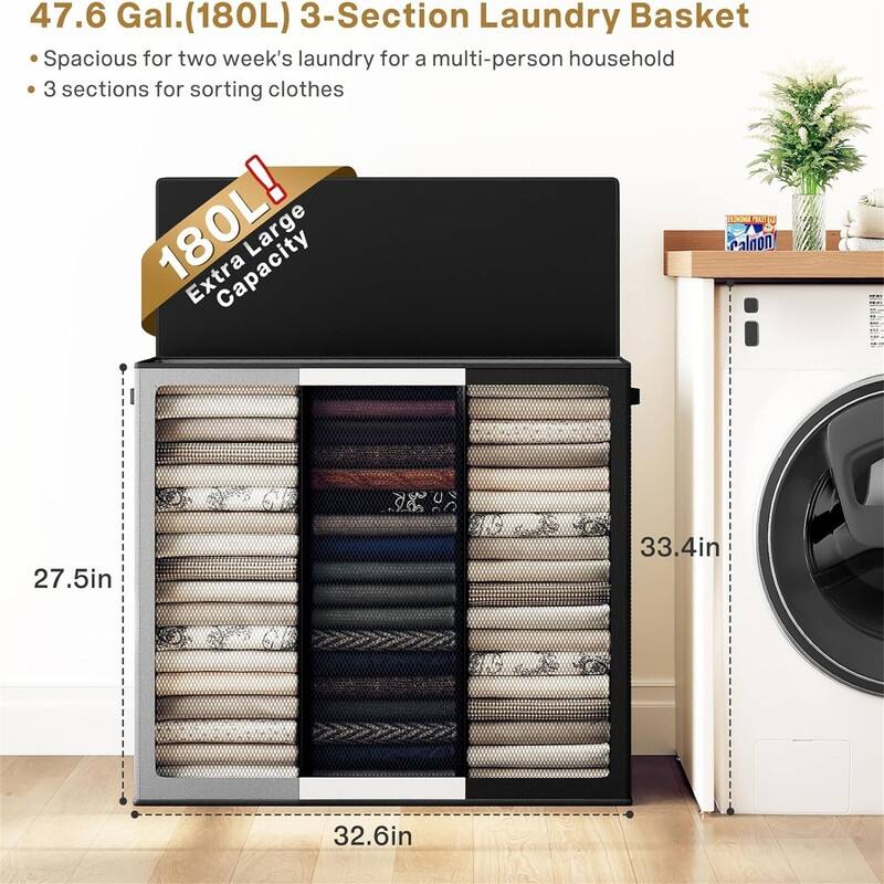 Laundry Hamper 3 section with lid and 3 Pcs Laundry Bag - 32.67"L x 12.2"W x 27.6"H
