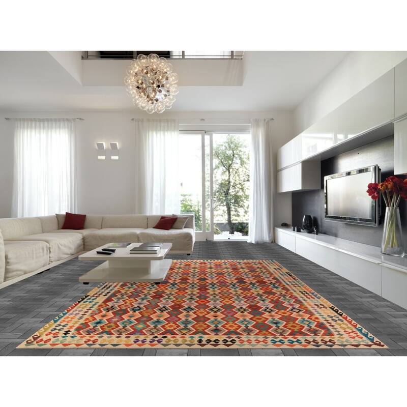 All-Over Geometric Kilim Oriental Large Rug Flatweave Wool Carpet - 10'3" x 16'6"